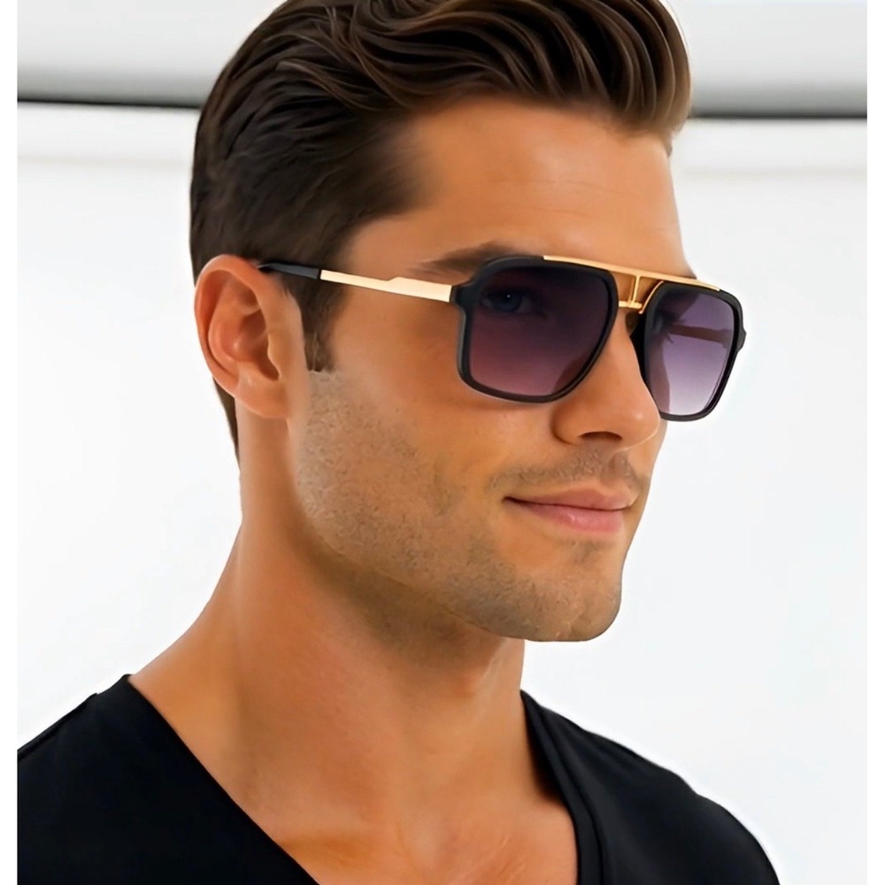 Square Sunglasses Men Gold Accents Fashion Shades Classy Luxury Trendy Lentes